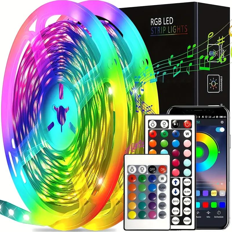 RGB LED Strip Lights para Home Party, Iluminação Mudando Cor, Sincronização de Música, 16 Milhões de Cores, 5050, 5V, 1m-40m