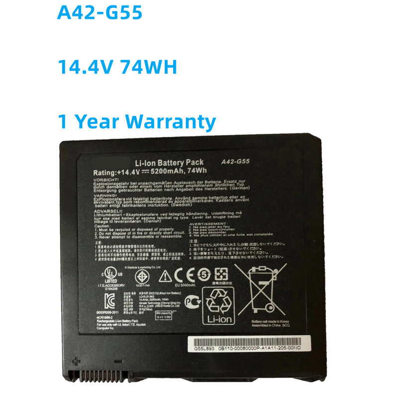 A42-G55 bateria do portátil para ASUS, 14.4V, 74WH, 5200mAh, G55V, G55VM, série G55VW