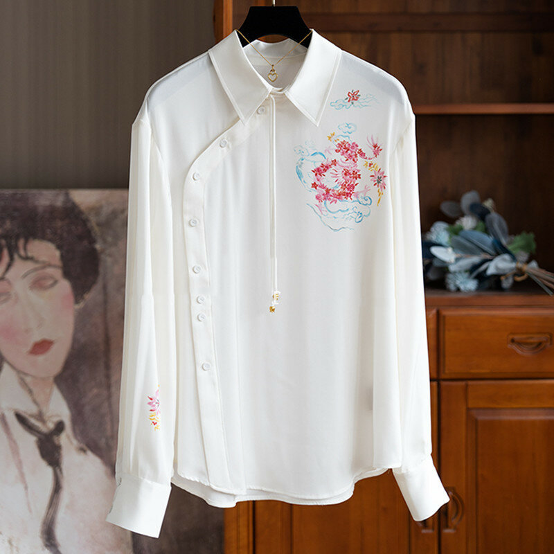 Hoge Kwaliteit Zijde Unieke Chinese Stijl Shirt Met Bedrukte Schuine Kraag Knoop Moerbei Zijde Shirt Retro Blouse Y 2K