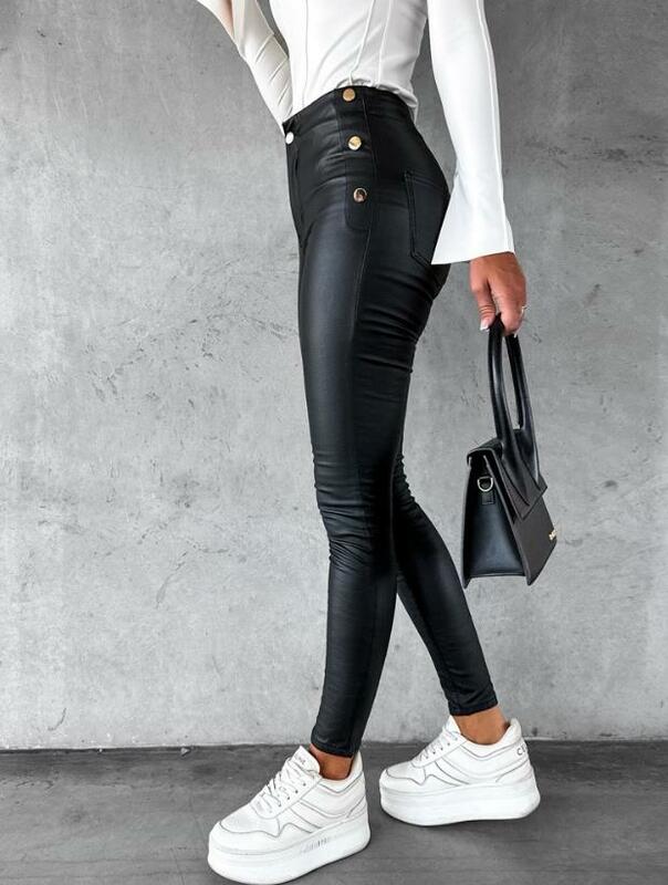 Женские длинные брюки 2023, модные брюки-карандаш из искусственной кожи, облегающие брюки с боковыми пуговицами, универсальная модель, уличная одежда