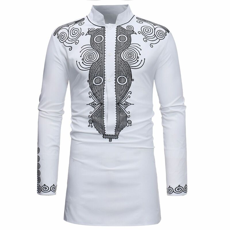 Afrykańska plemienna koszulka Longline nowy szczupły z długim rękawem mandarynka koszula z kołnierzem mężczyzn islamska odzież muzułmańska Camisa