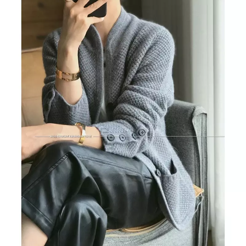 Autumn winter new thickened 100% pure cashmere cardigan women stand neck sweater sweater loose knit base sweater jacket