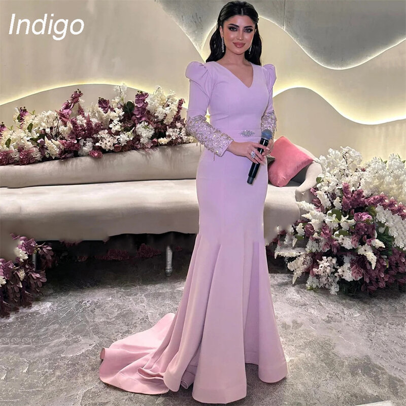 Gaun Prom Indigo putri duyung V-Neck lengan panjang manik-manik Satin menyapu kereta 2024 lipatan gaun malam elegan untuk wanita الolnya