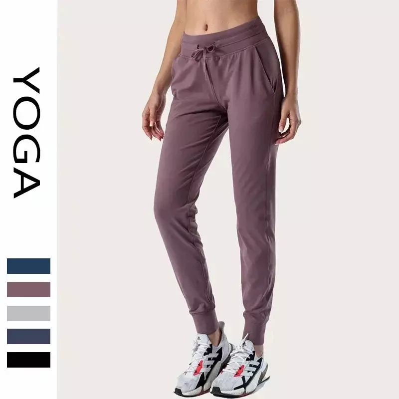Lu pantalones de Yoga de cintura alta, pantalones elásticos ajustados, Leggings con correa, pantalones recortados de Fitness