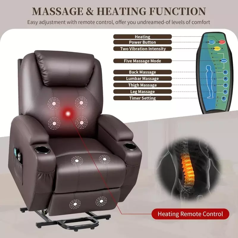 Jummico Power Lift Liegestuhl mit Wärme und Massage für ältere Pu Leder modernen Liege sofa Stuhl mit Getränke haltern, Rem