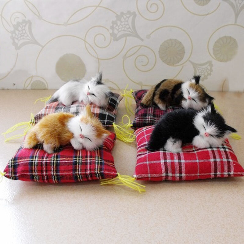1PC Mini Sleeping Cats On Cushion Simulation Cat Doll Ornaments Cloth Plush Cats For Children's Toys Car Decor Birthday Gifts