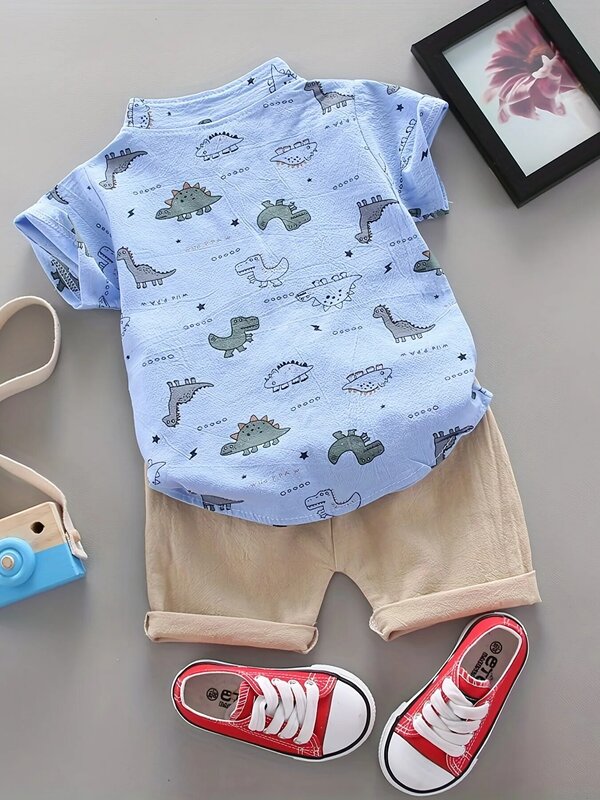 유아 여름 풀 프린트 작은 공룡 패턴 반팔 반바지 세트, 야외 스탠딩 칼라 셔츠, 유행
