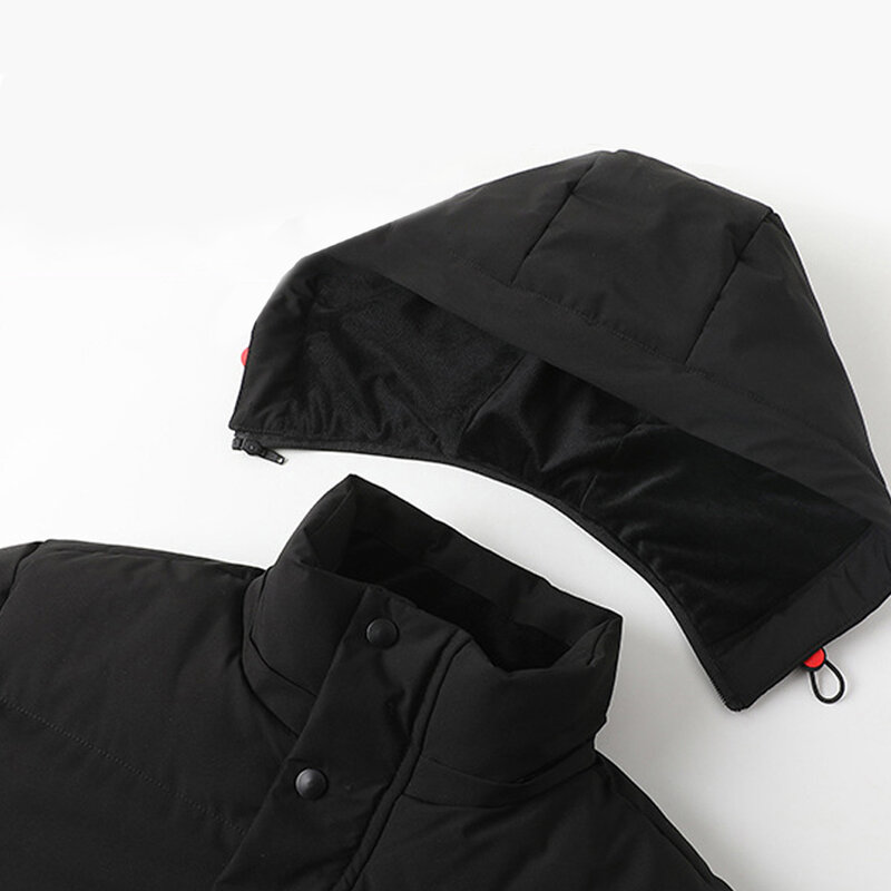 Jaket bulu hangat untuk pria, mantel parka musim dingin kasual modis warna polos tahan air warna polos, jaket mantel tebal warna hitam