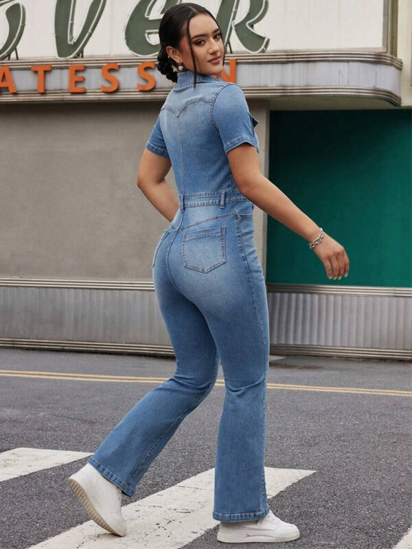 Macacão jeans de manga curta feminino, macacão jeans slim fit, macacão de peça única, roupas da moda, verão Y2K