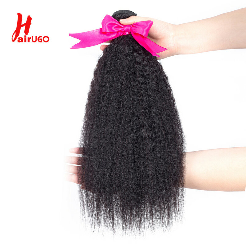 Hairugo kinky pacotes retos com fechamento brasileiro 100% fechamento do cabelo humano com o cabelo do bebê não-remy cabelo tecelagem dupla trama