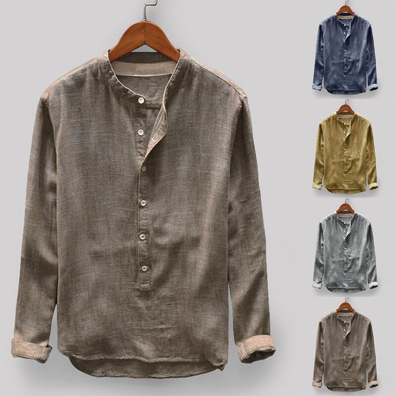 Men Tops Solid Color Stand-Up Collar T-Shirt Vintage Button Down Casual Collarless Fashion Lapel Neck Long Sleeve