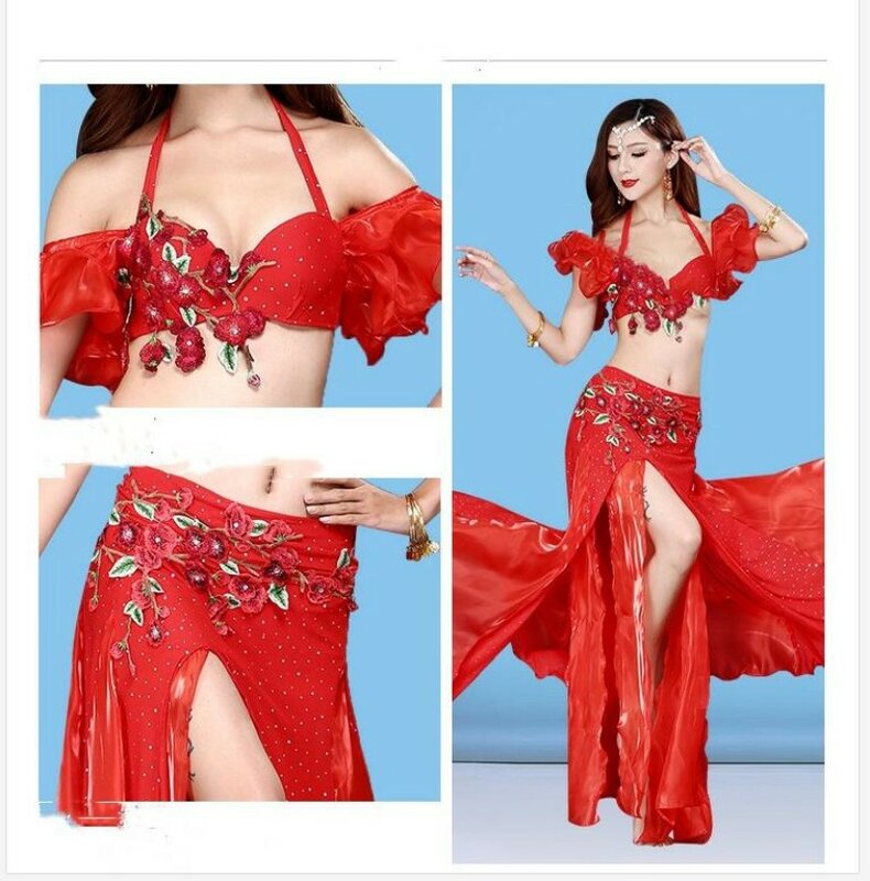 Nuovi vestiti di danza del ventre da donna gonna di pancia indiana Performance sul palco reggiseno di danza del ventre cintura ricamata con perline abito lungo diviso
