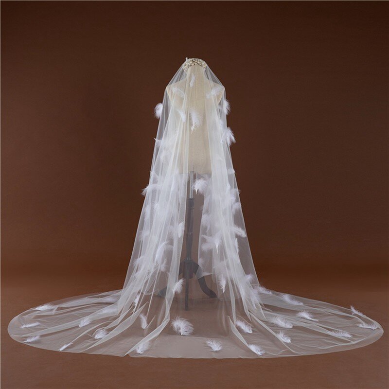 New Arrival Ivory Cathedral Wedding veils with feathers Bride wedding accessories Voile de mariée Bridal veils