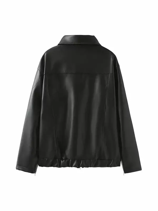 Jaqueta de couro falso para mulheres bolsos de manga comprida, casacos femininos, tops chiques, casaco casual, decoração de arco estampado, moda vintage, nova