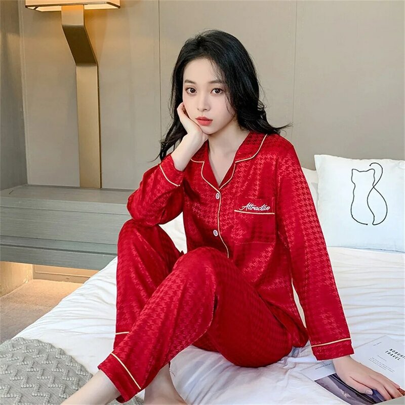 Leisure Spring and Summer New Ice Silk Pajamas, Sweet Printed Long Sleeve Pants, Silk Home Suit Floral Silk Pajama Set for Women