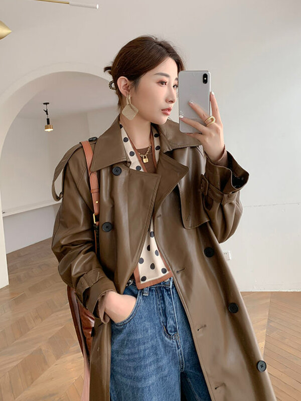 Herbst Faux Leder Lange Graben Mantel Frauen Schwarz Zweireiher Koreanische Mode Moto Jacke Streetwear Dame Oberbekleidung Chic Mäntel