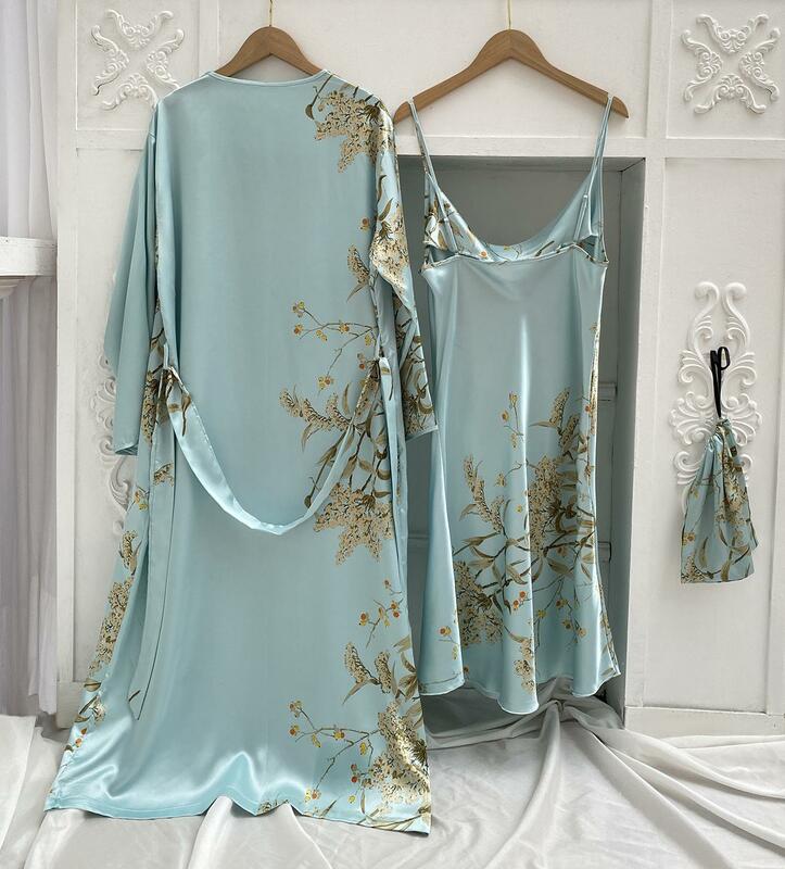 Druck 2 stücke Robe Schlafanzug Frauen Braut Kimono Bademantel Kleid Dessous Satin V-Ausschnitt Nachtwäsche Riemen Nachthemd Lounge wear