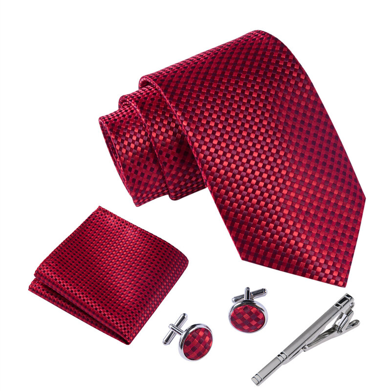 ايكيبيباو الرجال الكلاسيكية الأحمر منقوشة Hombre ربطة العنق مجموعات مع أزرار أكمام معدنية هانكي كليب مجموعة قميص الملحقات تناسب الزفاف بالجملة