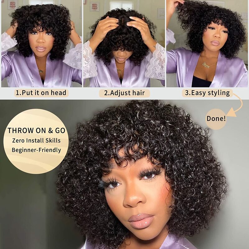 14Inch Short Curly Virgin Human Hair Wig With Bangs Natural Wear & Go Glueless Bang Wigs 180% Density Curly Wigs for Black Women