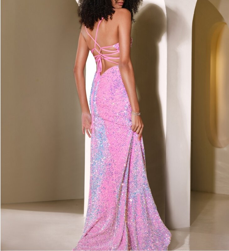 Mermaid Formal Evening Dress with Slit High Neck Sequin Prom Dress with Train Wedding Guest Dress  Open Back Party Wear Dress