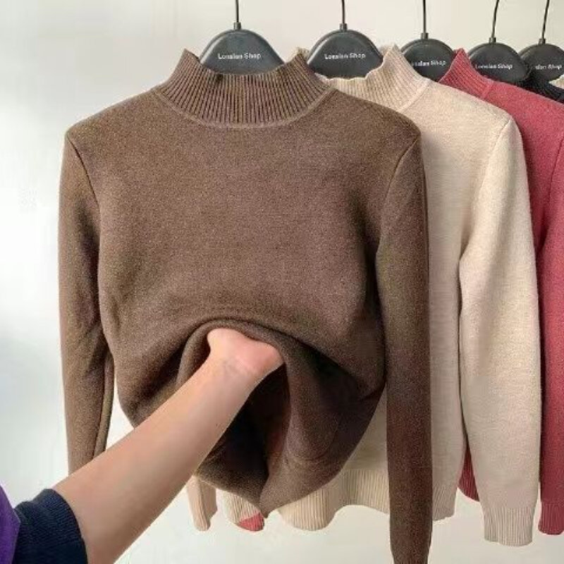 Damski sweter z golfem jesienno-zimowy elegancki, ciepły, ciepły, długi rękaw dziergany sweter damski swetry Basic swetry na co dzień