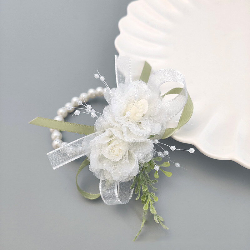 Ślubna druhna stanik kwiat na nadgarstek festiwale weselne perła przędza jedwabiu opaska na rękę z kwiatem druhny jedwabna bransoletka biżuteria