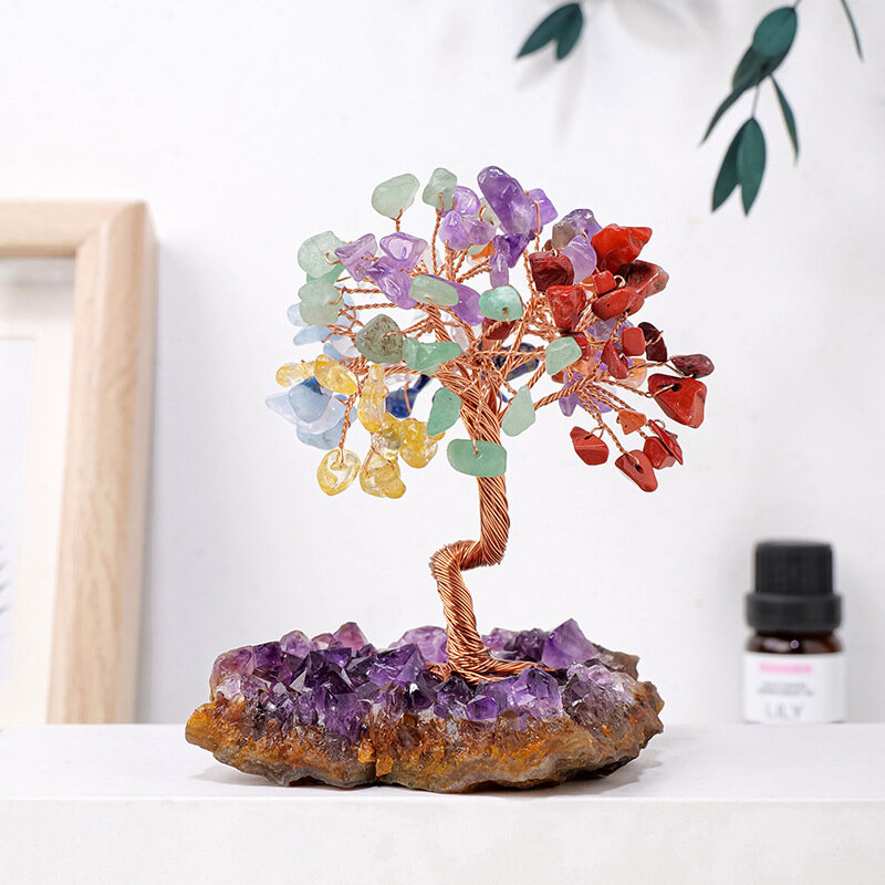 Base de racimo de amatista Natural, árbol de dinero de piedra triturada, árbol de flores de amatista tejida a mano, adornos artesanales para el hogar