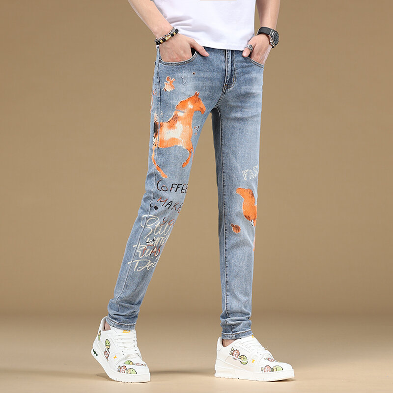 Джинсы мужские стрейчевые, Модные дышащие удобные зауженные джинсы с принтом, весна-лето 2024
