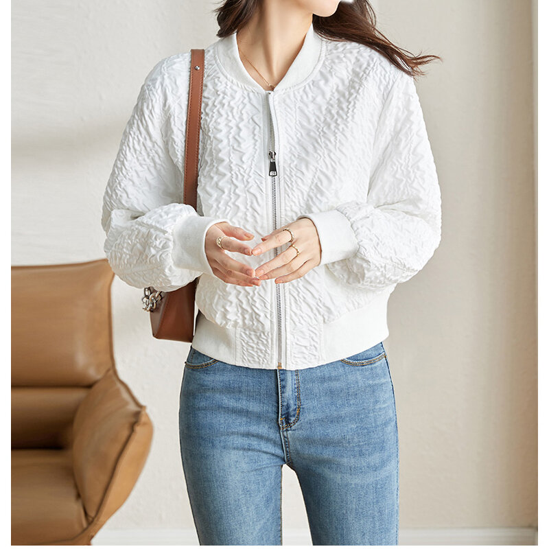 Baseball Jacket Women Spring and Autumn 2022 New Casual Fashion Stand-up Collar Short White Bubble Fabric Spring Coat
