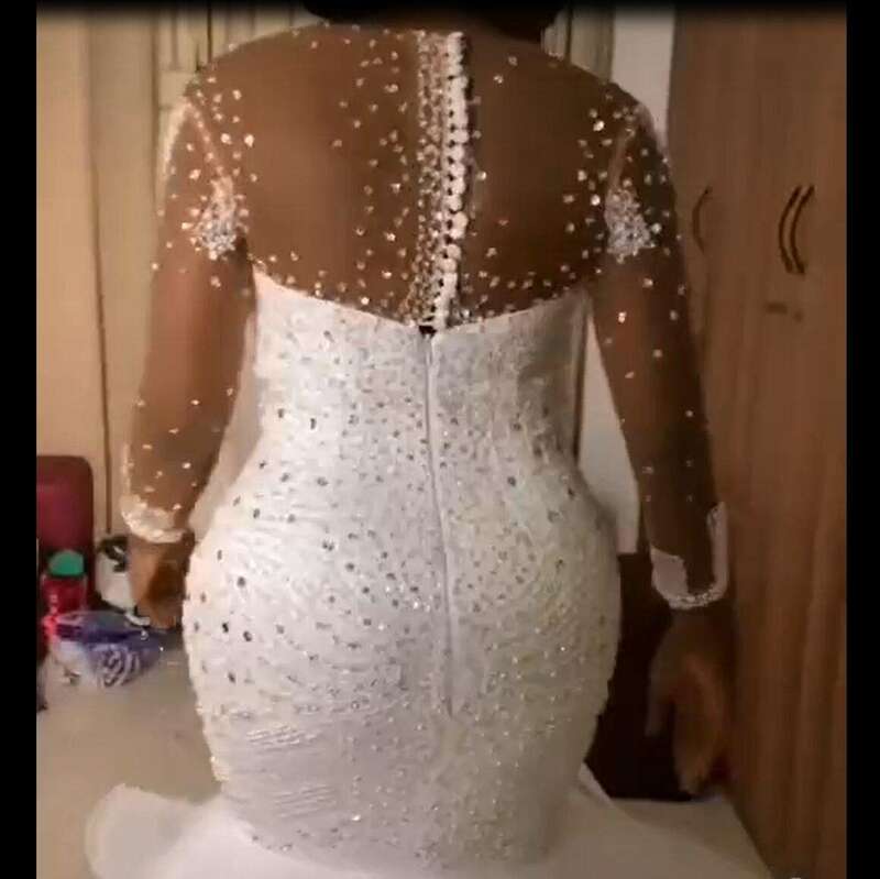 Afrikanische Meerjungfrau Brautkleider schwere Perlen Langarm plus Größe o Hals Sweep Zug Boho Fischschwanz Hochzeit Brautkleider
