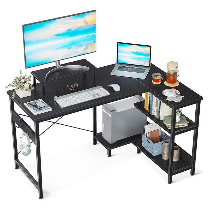 ODK Compact L Shaped Desk, Preto Monitor Stand, armazenamento Prateleiras, 47"