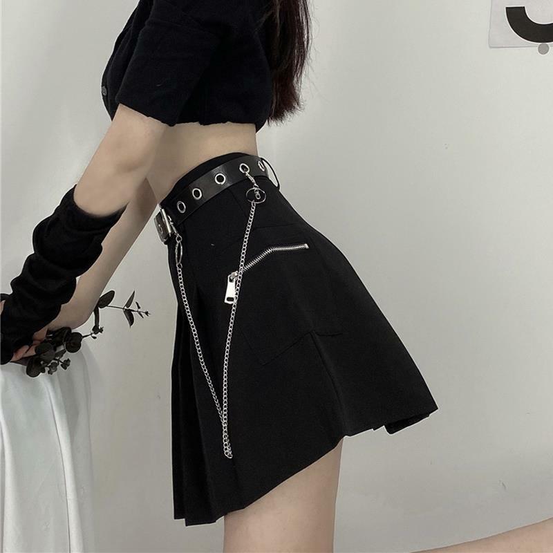 Mini-saia feminina linha A de cintura alta plissada, estilo Harajuku workwear, bolso com correntes, shorts da moda verão, novo