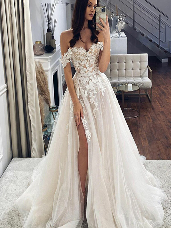 Lace Wedding Dresses Off The Shoulder Sweetheart Neck Bridal Gowns Side Split Vintage Appliques Vestido de novia