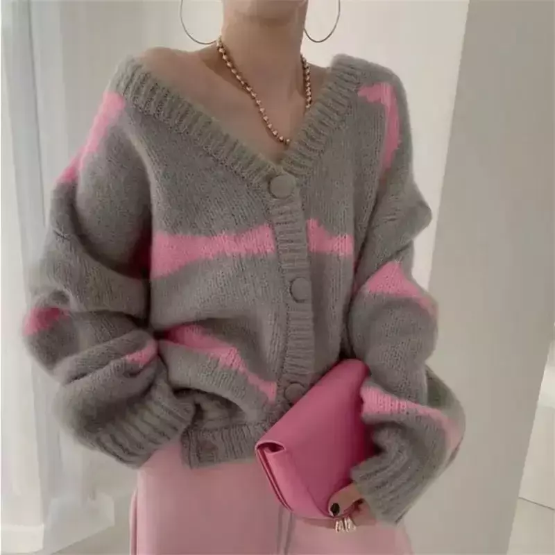 Cárdigan de lana de punto a rayas para mujer, chaqueta grande con cuello en V, cárdigan coreano de manga larga, suéter para mujer 2022