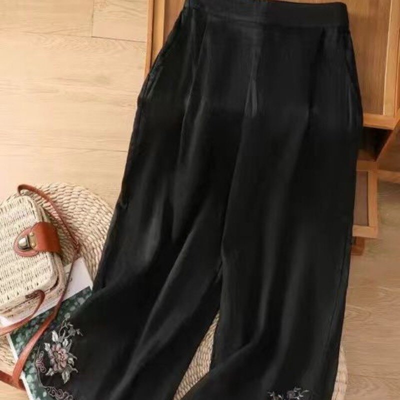 Celana panjang kasual wanita, kelas atas gaya China Retro bordir katun Linen lebar tambal sulam pinggang tinggi saku pelangsing Musim Panas 2024