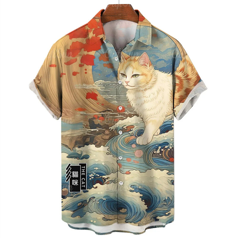 Moda Hawajska Koszula 3d Zwierzę Kot Drukowane Krótkie Rękawy Letnia Plaża Kwiatowe Koszule z Klapami Mężczyźni Streetwear Topy Bluzki Ubrania