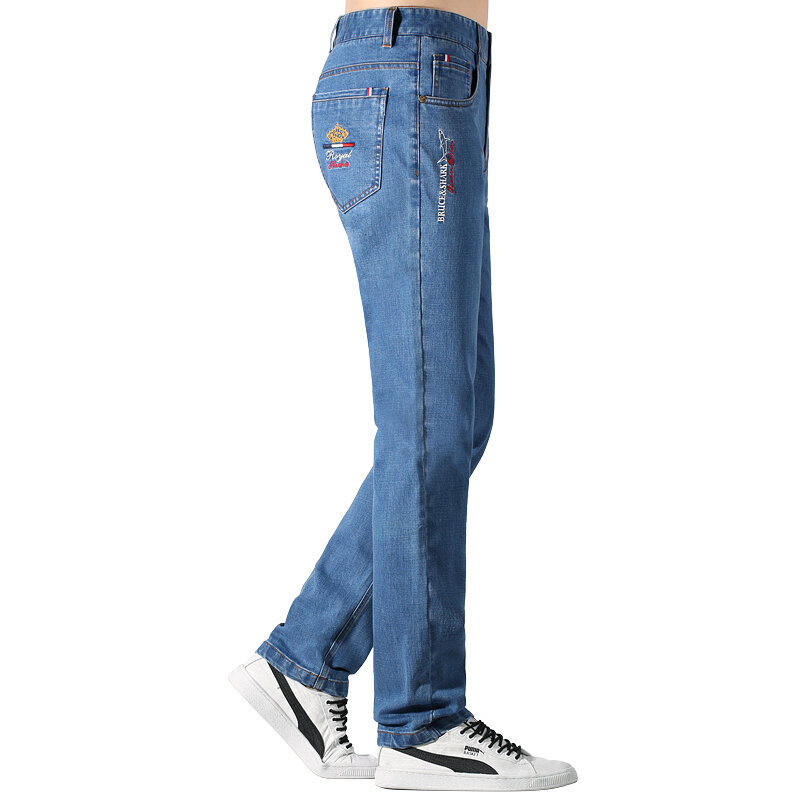 Bruce e calça jeans de algodão grosso para homens, moda casual de alongamento, perna reta, macia e solta, tamanho grande, 4 temporada, venda quente