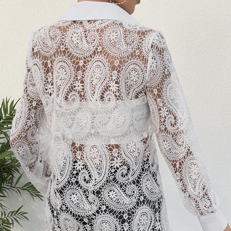 Lady Blouse Elegant Lace Hollow Out Women's Shirt with Single-breasted Turn-down Collar Long Sleeves See-through for A