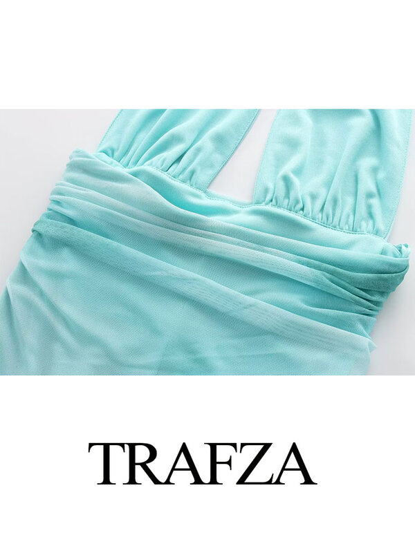 TRAFZA-Vestido largo ajustado sin mangas para mujer, traje elegante con escote, Espalda descubierta, pliegues, Tie-dye, novedad de verano