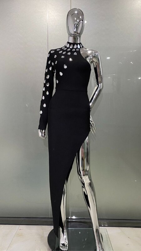 Donne celebrità Sexy manica singola strass nero Maxi lungo vestito dalla fasciatura aderente 2024 elegante abito da sera Club Party