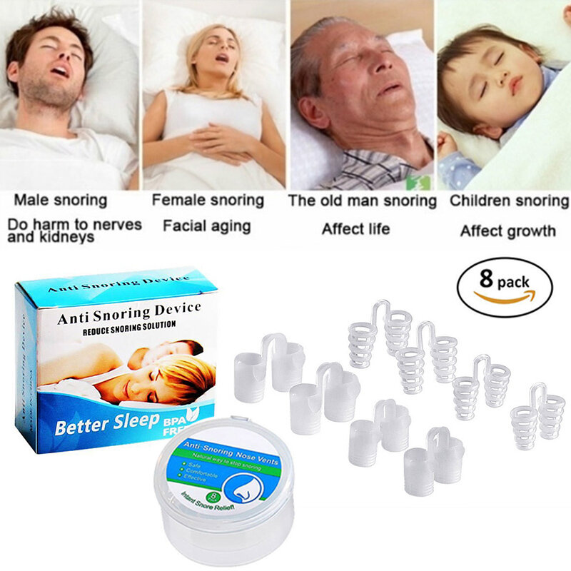 Clip de nariz antirronquidos para hombres y mujeres, bandeja de ayuda para dormir, dispositivo de protección de Apnea nocturna con estuche antirronquidos, 8 unids/set