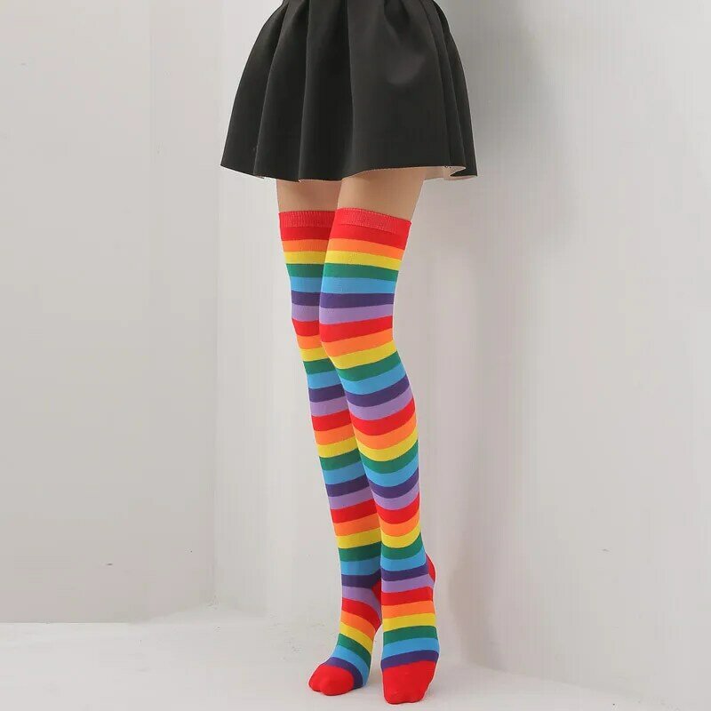 Calcetines por encima de la rodilla de arcoíris para mujer, medias altas hasta el muslo, calcetines largos para niñas, calentadores de piernas, lolita
