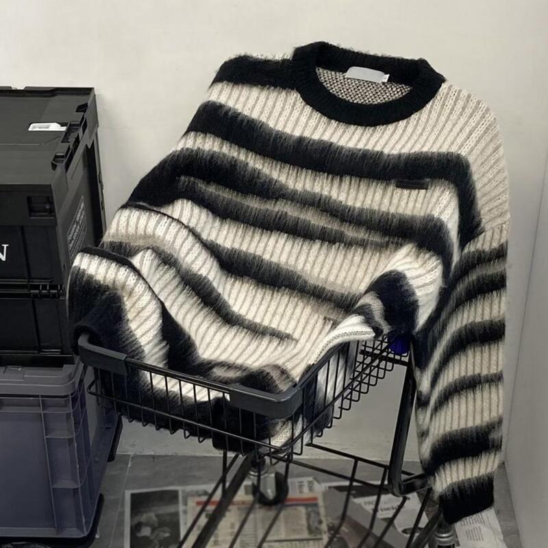 Женский уютный полосатый свитер унисекс, плотный зимний теплый пуловер большого размера для пар, стильный сезон, теплый и уютный