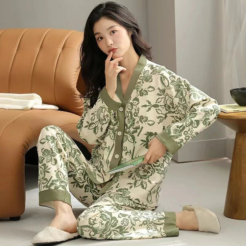 Spring Autumn Women's Milk Silk Pajamas Lapel Long Sleeve Cardigan Pants Loose Home Clothing Set Casual Printed Sleepwear