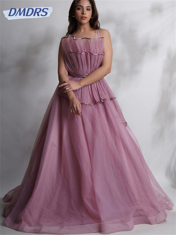 Gaun Prom A-Line bergaya gaun malam tanpa tali menawan 2024 gaun panjang lantai berlipat klasik Vestidos De Novia