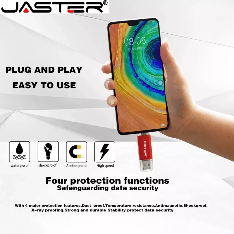 JASTER TYPE-C โทรศัพท์สมาร์ทแฟลชไดรฟ์ USB ไดรฟ์ปากกาโลหะ Golden ความเร็วสูง Memory Stick U Disk 16GB 32GB 64GB 128GB