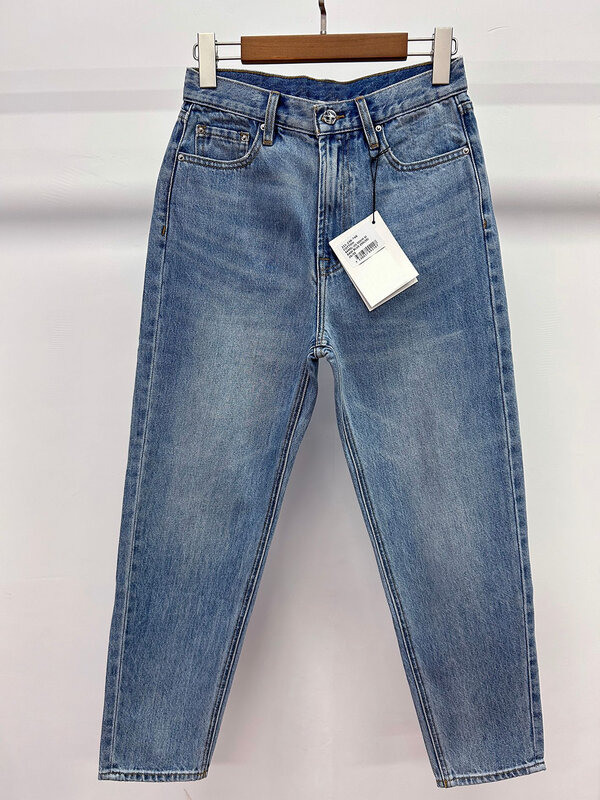Vrouwen Denim Broek Hoge Taille Lichtblauwe Taps Toelopende Cropped Jeans