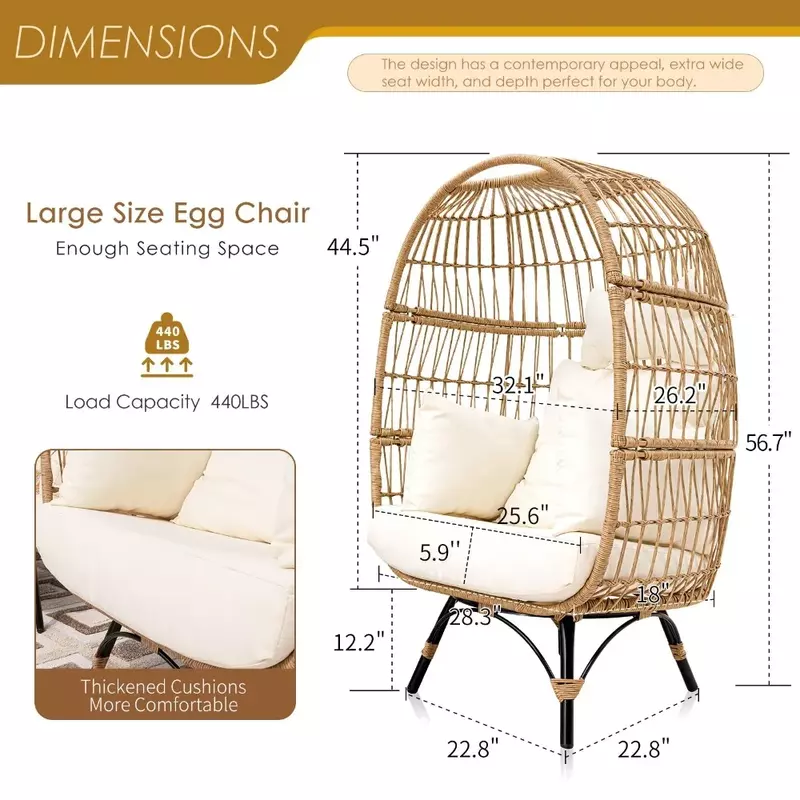 Grande chaise à œufs stationnaire avec coussins épais, panier à œufs en rotin PE, intérieur et extérieur, 2024 lb, nouveau, 440