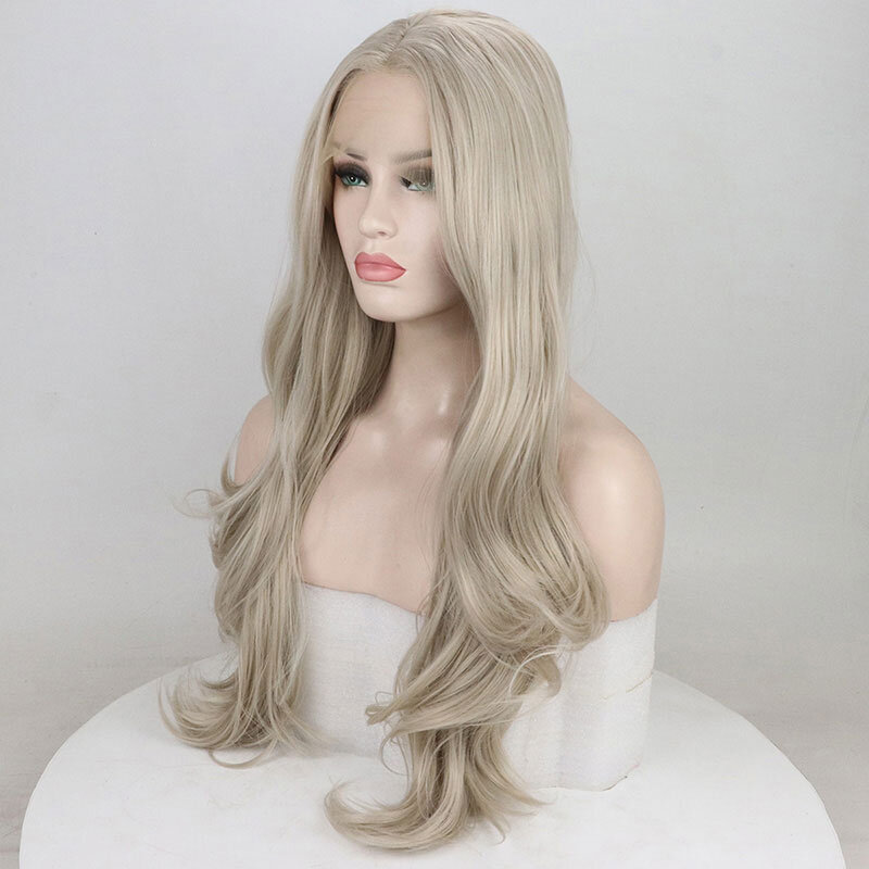 Platinum Grey Natural Wave Synthetic 13X4 Lace Front Wigs Glueless Heat Resistant Fiber Hair Middle Parting For Fashion Women