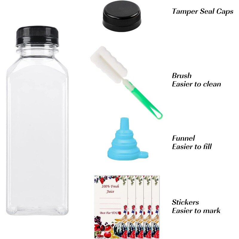 36 pieces empty plastic juice bottles with lids, clear bulk beverage containers with black anti-theft lids